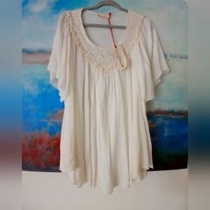 BSB Jeans Little White Boho Flowy Lace Trim Mini Dress Sz MED